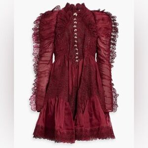NWT Zimmermann Kaleidoscope Doily Ruffle Mini Dress in Burgundy Red